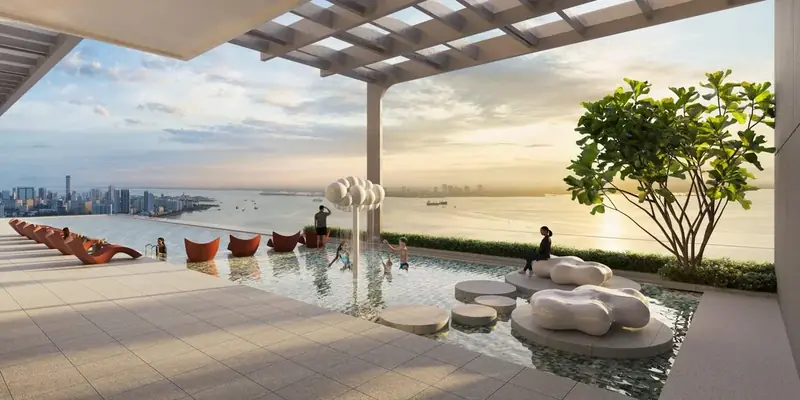 Sea-facing pool deck at Keeperz Suites, Gelugor