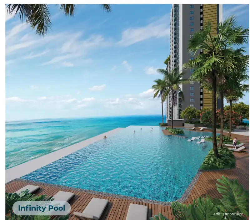 Infinity pool and tower at Sea Crestz, Kuantan Waterfront