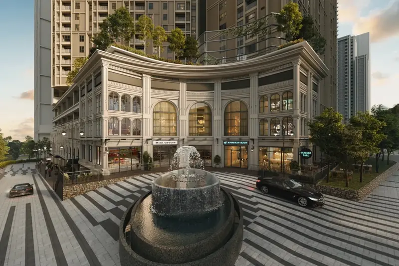 Arrival plaza with fountain at The Aldenz, Central Park Damansara