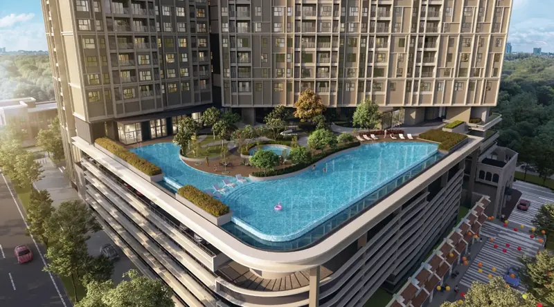 Podium pool seen from above at The Aldenz, Central Park Damansara