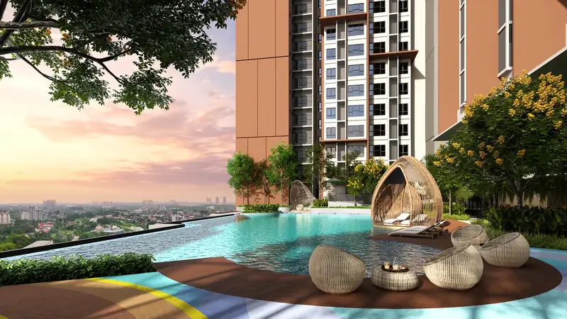 Pool deck with cabanas at The Asteriaz, Kebun Teh