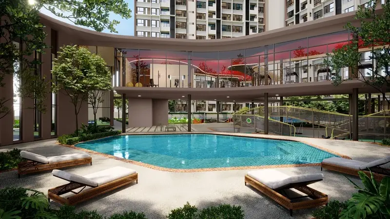 Pool deck and loungers at The Queenswoodz, Bukit Jalil